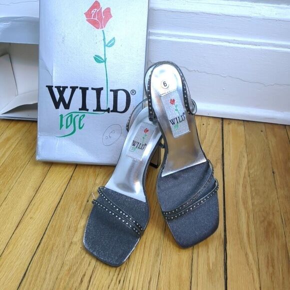 NIB Vintage 90s Wild Rose Silver Heels Strappy Sandals Rhinestone Prom Size 6 - Picture 2 of 8